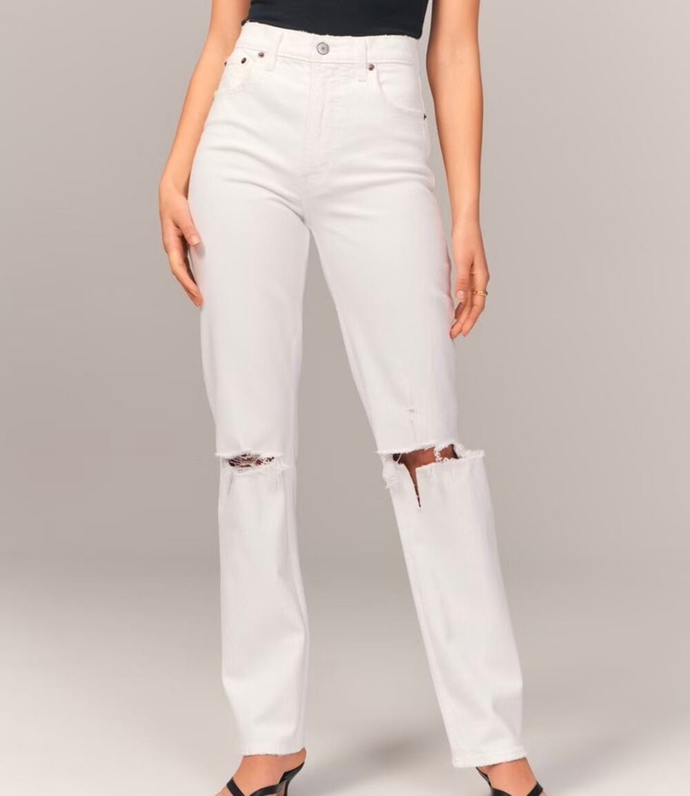 ABERCROMBIE The 90s Straight Ultra High Rise Destroyed Jeans White 34 Short